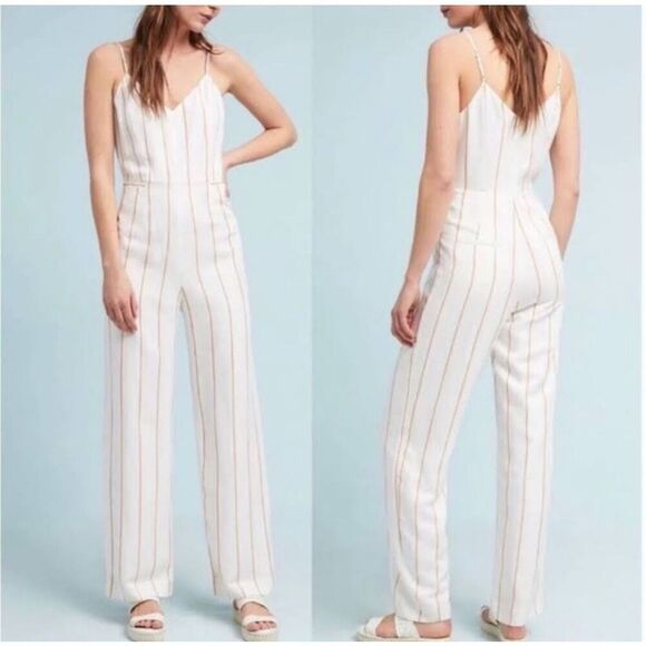 Anthropologie The Essential Jumpsuit Linen Blend Cream striped women’s Size 8 - Picture 1 of 9
